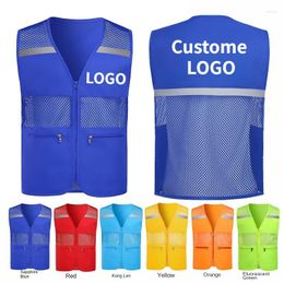 Men's Vests Custome DIY LOGO Zipper Pocket Vest Printing Picture Text Grid Reflective Men And Women Summer Breathable Work Jacket Top