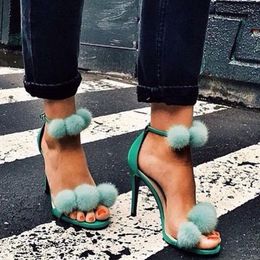 Sandals Fashion Lake Blue Buckle Woman Summer Open Toe Thin High Heel Pom Dress Shoes Designer Party