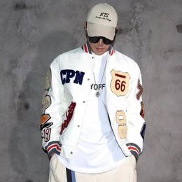 Mens Jackets Multiletter Embroidery White Baseball Uniform Mens Explosive Style Baseball Uniform Retro Leather Jacket Heavy Industry Coat 231007