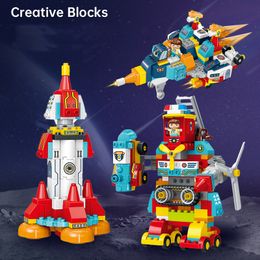 Montessori Toys Brick Building Blocks Car 6IN1 Transformer Robot Model Technic Space War Rocket Combat Construction Spacecraft Toy For Children Christmas Gift
