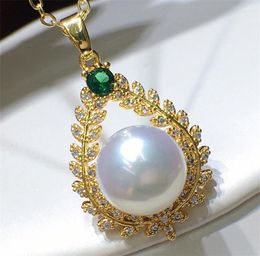 Pendant Necklaces HABITOO Luxury Natural 10-11mm White Round Cultured Pearl Green Ruby Cubic Zircon Chain Necklace Adjustable Ring Set