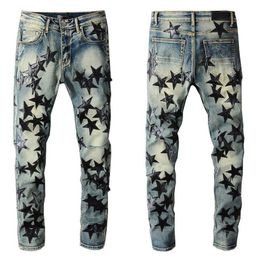 Pantalon Homme Trendy Jeans Black Star Pattern Patch Street Motorcycle Pants Punk Denim Long Hip Hop Men202J