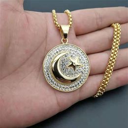 Hip Hop Iced Out Crescent Moon and Star Pendant Stainless Steel Round Muslim Necklace for Women Men Islam Jewellery Drop1306Z