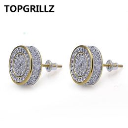 TOPGRILLZ Oro Argento Colore Ghiacciato Zircone Cubico Rotondo Orecchino a perno con Vite Posteriore Fibbia Uomo Donna Gioielli Hip Hop Regali1820