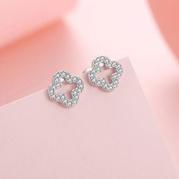 S925 Sterling Silver Plated Hollow Clover Designer Earring Ear Studs Shining Zircon Crystal Lucky Earrings Earings For Women Girl Jewellery