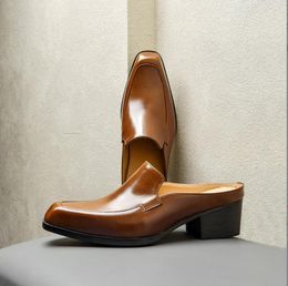 5cm High Heels Mens Leather Half Shoes Slipper Luxury Quality Genuine Leather Summer New Designer Business Sandals Man