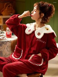 Women's Sleepwear Winter Sweet Pajama Sets Women Warm Thicken Pockets Tender Korean Style Home Soft Baggy Aesthetic College Girls Basic