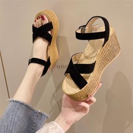 Dress Shoes Summer Buckle Women's High Heel Sandals Velvet Flock Fish Mouth Fashion Platform Open Toes Women Wedge