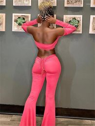 Women's Two Piece Pants Fall 2 Sets Streetwear Women Long Sleeve Strapless Backless Crop Top High Waist Flare Suits Matching Outfits