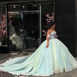 Sage Green Sequins Ball Gown Quinceanera Dress Tulle Appliques Flowers Off Shoulder Sweet 15 16 Birthday Party Formal