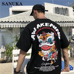 Men's T-Shirts 2021 Chinese Style Lion Print National Casual Tide Short-sleeved T-shirt Men And Women Trend Harajuku Couple S247n