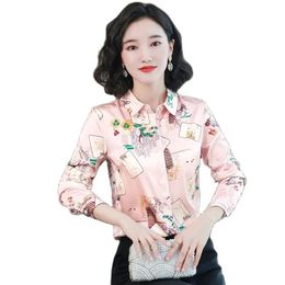 Vintage Lapel Pink Blouses for Women Luxury Designer Silk Satin Graphic Shirt 2023 Autumn Winter Long Sleeve Runway Button Up Shirts Office Ladies Fashion Cute Tops