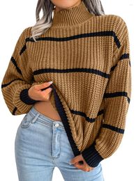 Women's Sweaters Women Knitted Sweater Casual Loose Striped Colour Block Pullovers Turtleneck Y2K Comfy Oversized Fall For Daily