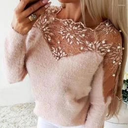 Women's Sweaters 2023 Floral Pattern Stitching Sweater Lace Mesh Sexy Slim Knit Warm Long-sleeved Suit Elegant Winter Vintage Top