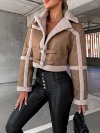 Women's Leather Autumn Winter Women Faux Lamb Wool Patchwork PU Jacket Casual Lapel Sash Tie Up Streetwear Motorcycle Coat