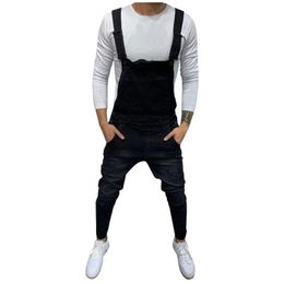 Men's Jeans Ripped Jumpsuits Hi Street Distressed Denim Bib Overalls For Man Suspender Pants Size S-3xL 2021248B