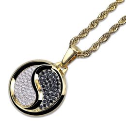 Pendant Necklaces Hip Hop CZ Zircon Paved Iced Out Bling Yin Yang Tai Chi Round Pendants Necklace For Men Rapper Jewelry Gold Silver