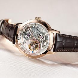 Armbanduhren OBLVLO Designer Herren Tourbillon Mechanische Uhren Luxus Echtes Leder Edelstahl Skelett Zifferblatt Handaufzug VM-TB