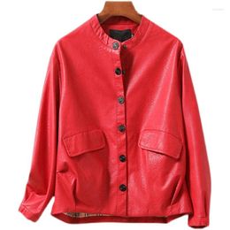 Women's Leather Jacket Spring And Autumn Short Loose Sheepskin Clothes Small Coat Red Genuine