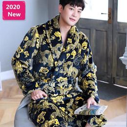 Men's Sleepwear Winter Night Gowns Pyjamas Sex Top Man Print Dragon Belt Long Robe Flannel Warm Homewear Big Size Pis213y