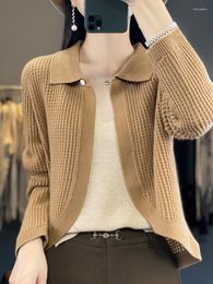 Women's Knits Women Merino Wool Cardigan Sweater Autumn Polo Collar Hollow Out Cashmere Knitted Coat Korean Fashion Female Clothes Top