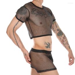 Homens sleepwear homens sexy malha sheer terno brilhante colheita tops ver através de shorts gay masculino sissy lingerie conjunto roupa interior erótica fetiche club wear