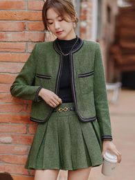Two Piece Dress Korean Green Suit Skirt 2 Set Women Grey Elegant Blazer Jacket And Brown Mini Pleated A-line Spring Autumn
