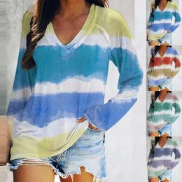 Women's Blouses Sexy Gradient Print V Neck Tops Fashion Stripe Tie-Dyed Knitted Tunic Top Autumn Long Sleeve Workout Shirt Chemises Et