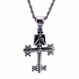 Punk Evil Skull Pendant Necklaces For Men Stainless Steel Cross Chain Gothic Biker Jewellery Accessories225h