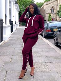 Women's Two Piece Pants Hooded Tracksuit Women 2 Set Outfits Autumn Clothing Bandage Pullover Sweatshirt Top And Suits Casual Woman Sets