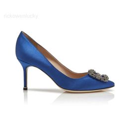 Amina Muaddi Women Hangisis Classic Pumps Heel 22s High Heels Luxury Designer Shoes Sandal Blue Satin and Jewel Buckle Toe Sexy Lady Heeled 25ie