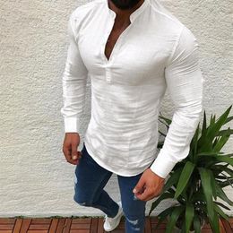 Men Shirt Long Sleeve V Neck Button Up Linen Shirts Male Casual Slim Fit Business Formal Mens Dress Social Chemise Men's254a