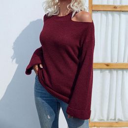 Women's Sweaters Sweater Woman 2023 Autumn/winter Solid Colour O-neck Hollow Out Shoulder Flare Sleeve Knit Women Drop MMYD2819