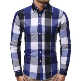 Plaid Shirt for Men Long Sleeve Slim Fit Fashion Men's Shirt Casual Dress Blouse Men Red Blue New2843