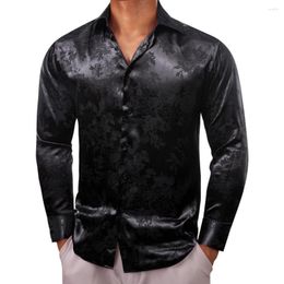 Men's Casual Shirts Luxury For Men Silk Satin Black Flower Long Sleeve Slim Fit Male Blouses Trun Down Collar Tops Breathable Clothing