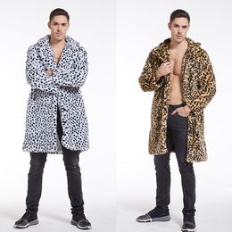Fur Coat Men's Faux Fur Coat Leopard Print Long Coat With Large Lapels