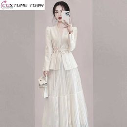 Two Piece Dress Korean Style Lace Up Jacket Blazer Ruffled Ruffle Skirt Elegant Women's Set Office Outfits