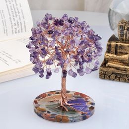 Decorative Figurines Amethyst Healing Crystals Stones Tree Wire Wrapped On Natural Agate Slice Base Home Desk Living Room Crystal Decor