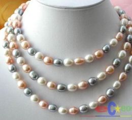 Chains Jewelry 50" 9-10MM RICE WHITE GRAY PINK FRESHWATER PEARL NECKLACE