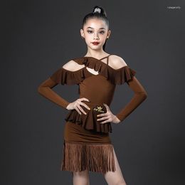 Stage Wear Children Brown Off-Shoulder Tassel Latin Dance Performance Dresses Girls Ballroom Costume Bodysuit Skirt VDB7168