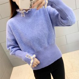 Women's Sweaters Blue Flocking Fur Furry Plush Spring Pullover O-Collar Warm Sweater Women Girl Pull Slim Top Cloth Outer Coat