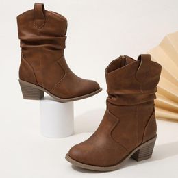 Boots Teenage Kids Shoes Elegant Versatile Side Zipper Girls Brown Pleated Chic Fashion Children Low Heels Mid-calf Simple