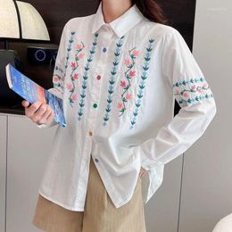 Women's Blouses Ethnic Women Autumn Spring Korean Fashion Y2k Long Sleeve White Embroidery Shirts Clothes Tops