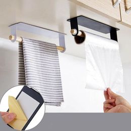 Kitchen Storage Wood Paper Roll Holder Bathroom Towel Hangers Cabinet Cling Film Rag Hanging Shelf Organizer No-punch Toilet Rack