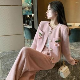 Women's Two Piece Pants Korean Knit Set Faux Mink Velvet Sweet Sweater Jacket Ladies Fashion Elastic Waist Pink Trousers 2 Suit