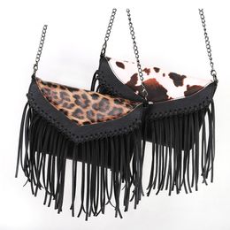 Tassel Handbag Women Cowboy Crossbody Bags Splicing Leopard Cow Animal Prints Leather Western Fringe Purse