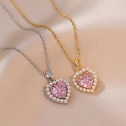 Pendant Necklaces Cute Pearl Heart Necklace With Stone Pink Crystal For Woman Golden Luxurious Jewellery Gifts