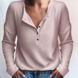 Women's Blouses Fashion Button V Neck T-Shirt Autumn Long Sleeve Ladies Dressy Casual Tops Hide Belly Loose Tunic Henley Shirts