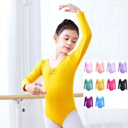 Stage Wear Kids Girls Ballet Leotards Gymnastics Costume Long Sleeve Solid Autumn Dance Leotard Bodysuit Dress Training