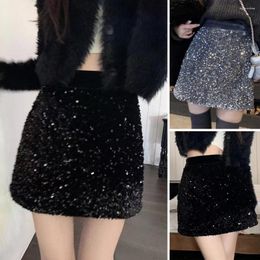 Skirts Show Pencil Skirt Streetwear Shiny Sequins Decor High Waist A-Line Mini Women Nightclub Stage